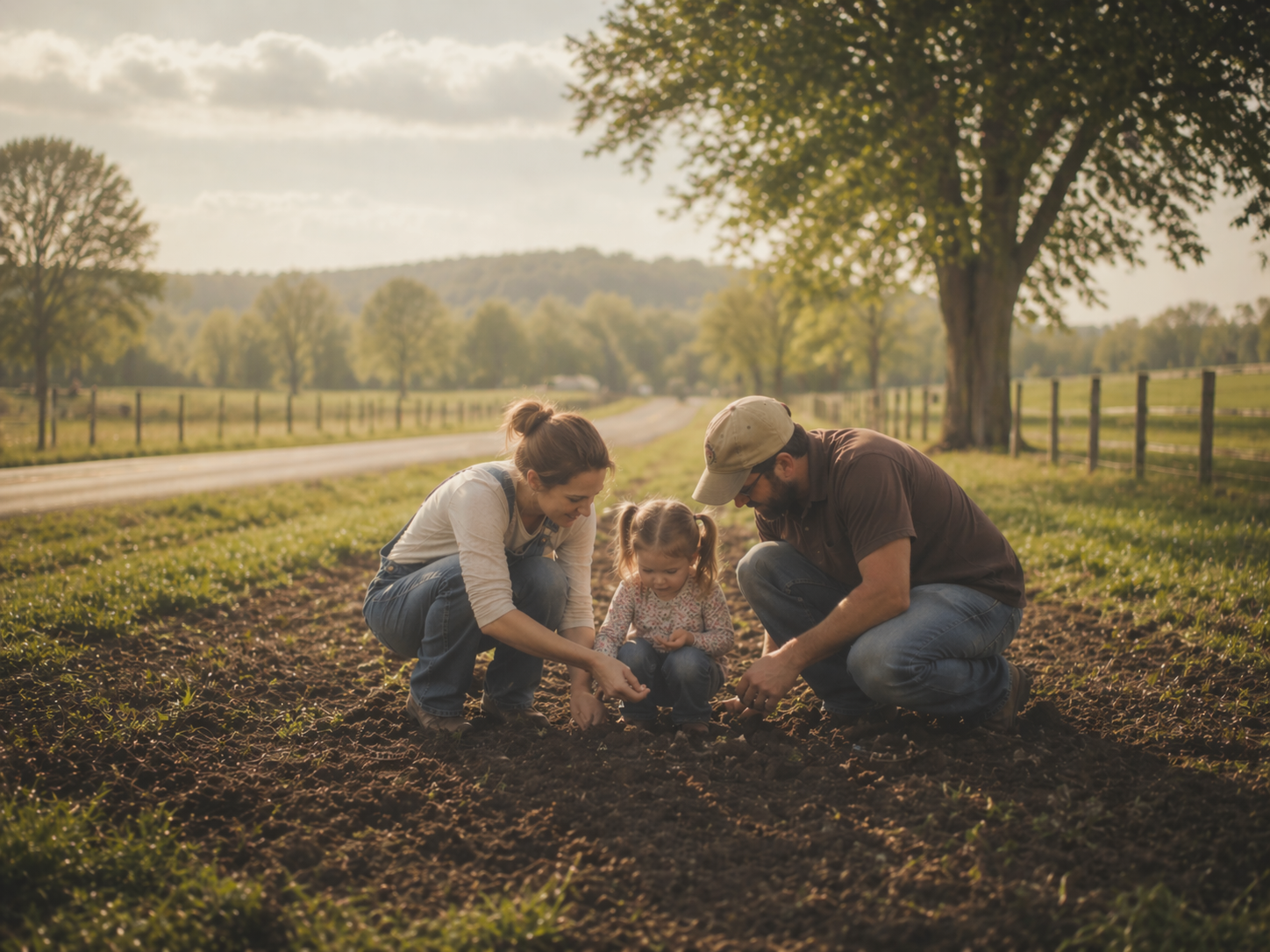 A family planting seeds together in a field at golden hour.