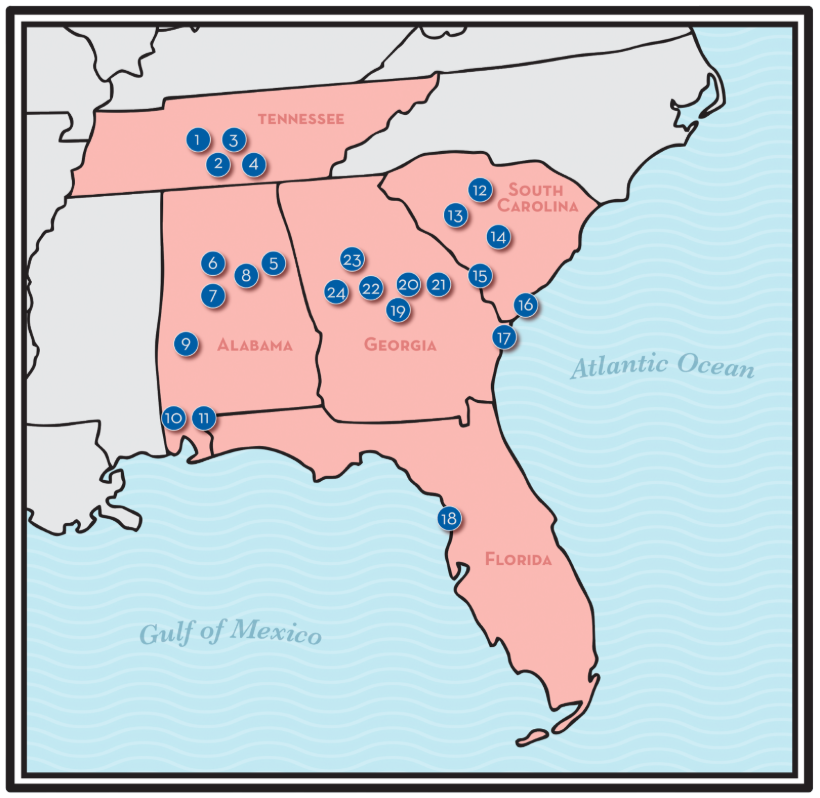 Map of 23 Farmers Home Furniture locations across TN, AL, GA, SC, and FL.